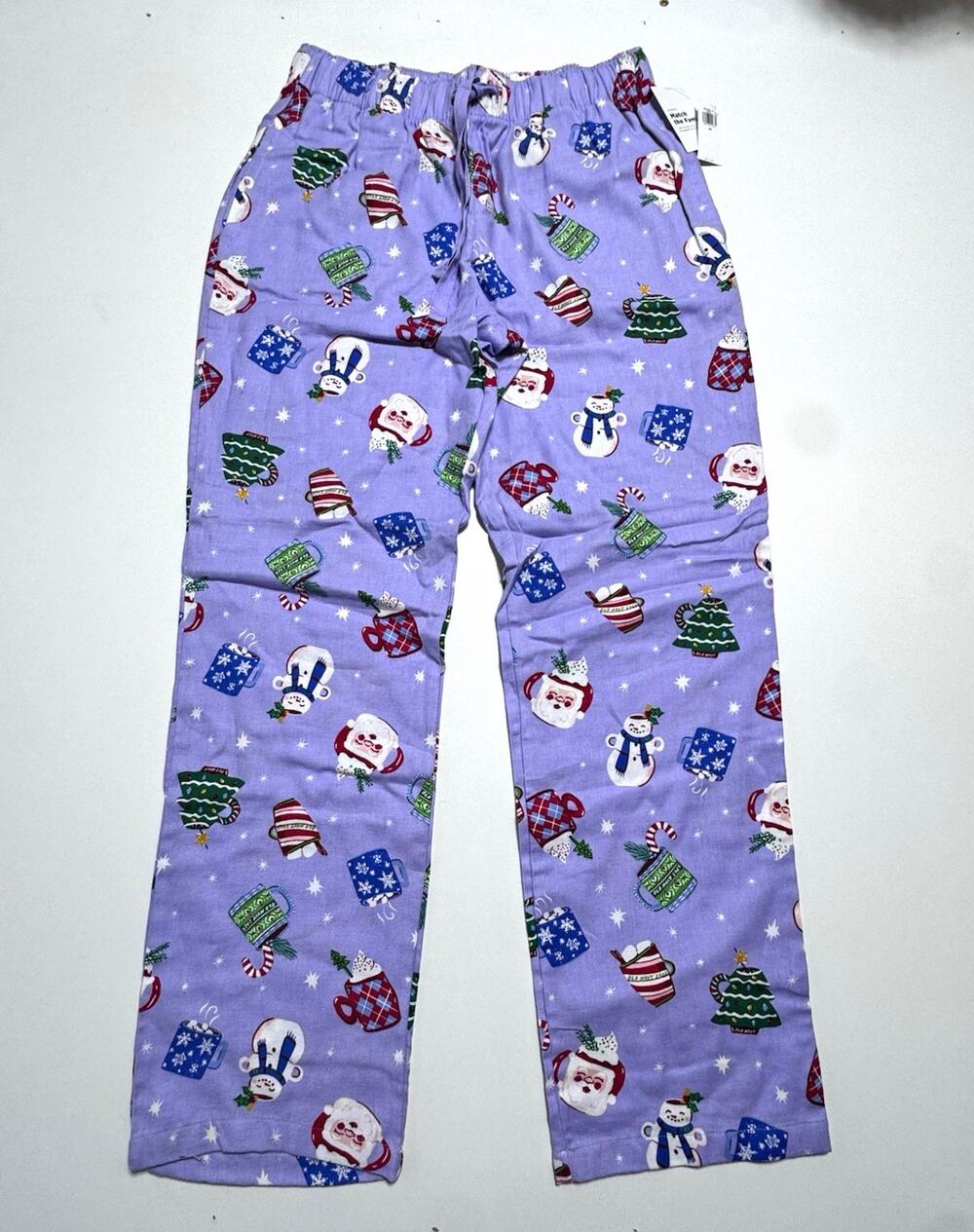 Old Navy Women's Pajama Pants XS Purple Cotton Flannel Santa/Snowman #1062